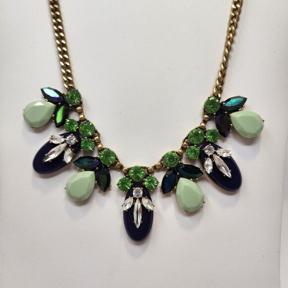 J Crew Blue Green Rhinestone Statement Necklace Gold Tone Chain Teardrop Oval - Picture 2 of 6